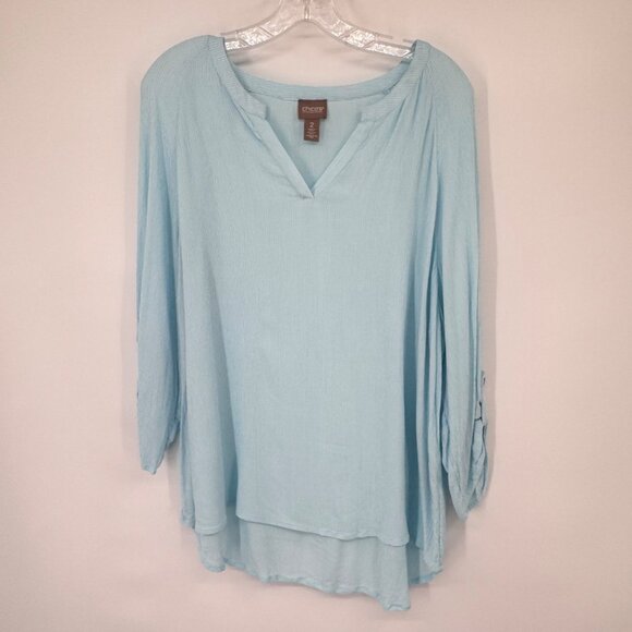 Chicos 2 Womens Light Blue V-Neck Crinkle Rayon Blouse Tunic Top Size Large - Picture 6 of 14